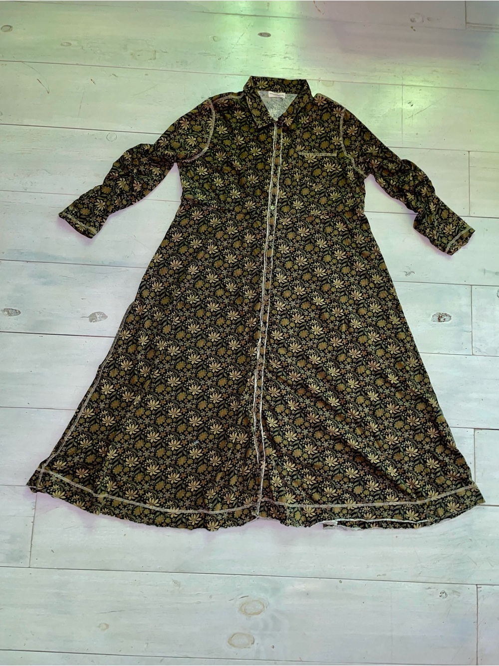 NATURAL LIFE Christa 100% Cotton Black Tan Floral Long Sleeve Maxi Dress Size XL